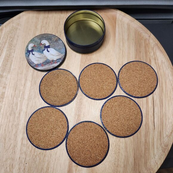 Winter Snow Geese Coaster Set | 6 Pieces | Blue Bows | Holiday Decor - Picture 5 of 8